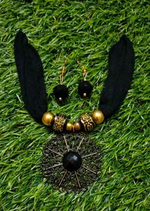 Black Golden Handmade Fabric Choker Set with Oxidi