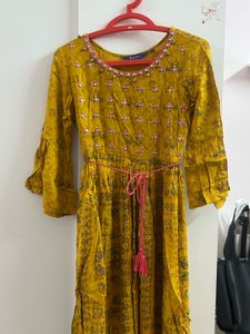 SALE - Yellow Printed Kurta with Mirror Work