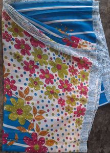 Blue Striped Saree with Floral Print