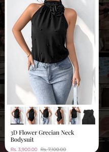 Black Grecian Neck Bodysuit with Pearls