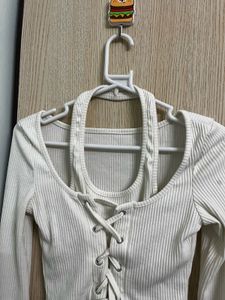 Cream Lace-Up Ribbed Crop Top