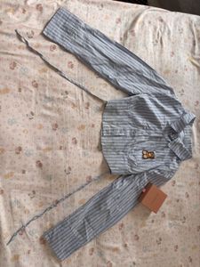 Striped Cropped Button-Up Shirt with Tie Detail