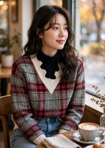 PLAID TURTLE NECK SWEATER