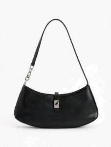 Black Baguette Shoulder Bag with Silver Clasp - Y2