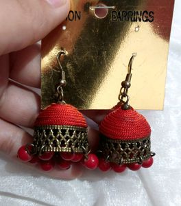 Combo Of Golden Oxidized Earrings, Oxidized Jhumki, Leather Bangle And Red Jhumki