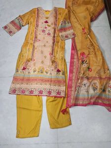 Yellow Floral Print Kurta Set with Dupatta