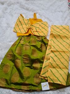 9-12m Kids Silk Lehenga - Green Yeklow
