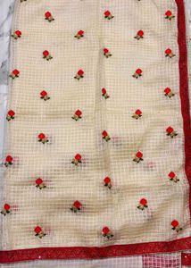 Cream Floral Embroidered Saree with Red Blouse
