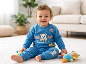 Cute Blue Bear Sweatshirt & Pants Set