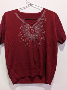 Maroon Embellished V-Neck Top