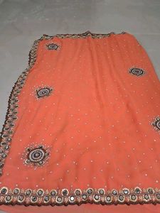 Peach Embellished Mirror Work Saree