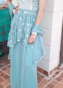 sea green/blue short kurti palazzo dupatta set