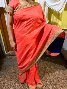 Elegant Peach Saree with Blue Border
