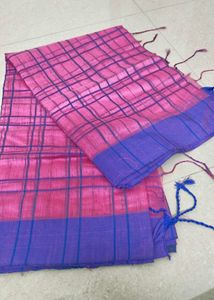 Pink &amp; Blue Checkered Saree
