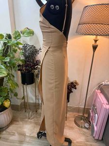 Elegant Beige Plunge Neck Maxi Dress