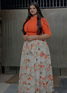 Stylish Orange Zip Top with Floral Long Skirt – Pa
