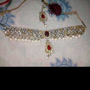 Elegant Pearl & Red Stone Jewellery Set