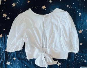 H&amp;M White Puff Sleeve Cropped Top