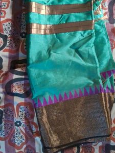 Teal &amp; Gold Striped Saree