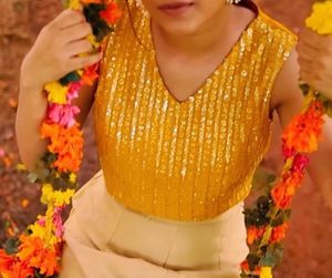 Mustard Sequin V Neck Crop Top