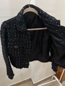 THREAD BOUCLE BLACK &amp; WHITE CROP JACKET BLAZER