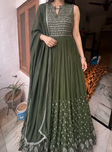 Olive Green Embellished Anarkali Gown