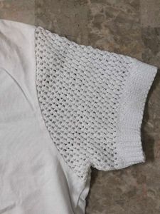 White Cropped Top with Crochet Sleeves