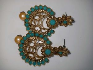 Blue And Golden Toned Floral Drop Earrings