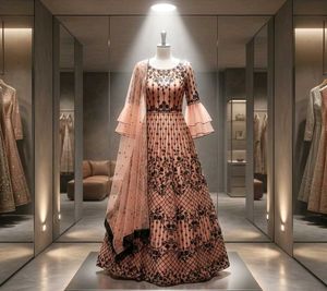 Peach & Black Embroidered Anarkali Gown with dupat