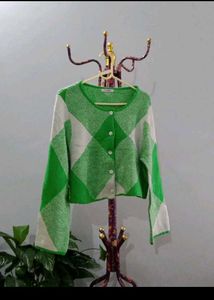 Green & White Diamond Pattern Cardigan