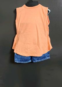 Cute Baby Girl's Peach Vest &amp; Denim Shorts Set