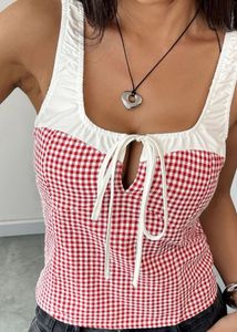 Red Gingham Sweetheart Neck Top