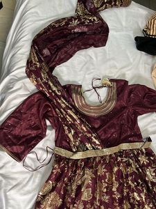 Maroon &amp; Gold Embroidered Lehenga Choli