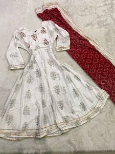 Off-White Anarkali Kurti &amp; Bandhani Dupatta Set
