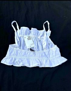 H&amp;M White Cotton Smocked Crop Top