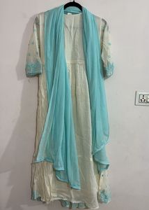 Cream Anarkali Kurta with Blue Embroidery