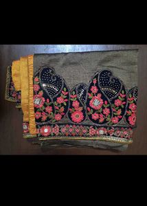 Embroidered Yallow and charcoal Saree