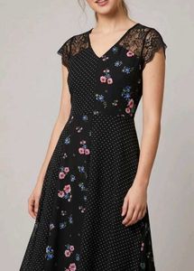 Chic Black Floral & Polka Dot Dress with Lace