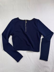 Navy Textured Long Sleeve Crop Top