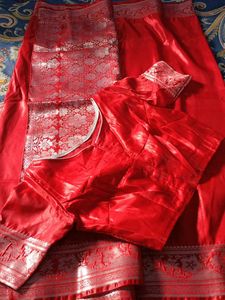 Vibrant Red Silk Saree with ready Blouse