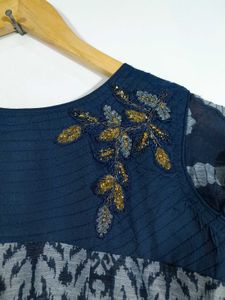 Navy Blue Printed Long A Line Kurta Women's