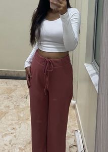 Pink Ribbed Wide Leg Trousers