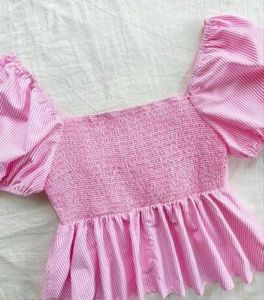 Pink Striped Puff-Sleeve Peplum Top