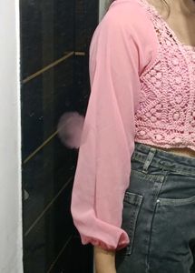 Pink Crochet Crop Top with Sheer Sleeves