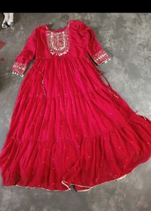 Elegant Red Tiered Anarkali Gown