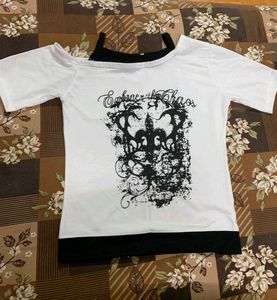 White & Black Graphic Print Cold Shoulder Top