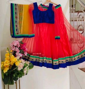 Red Net Lehenga Choli with Blue Blouse