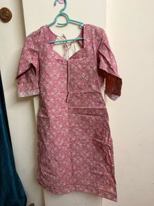 Pink Block Print Cotton Kurta set with dupatta