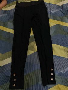 Black Textured Pants with Button Detail