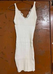 White Ribbed Lace Trim Mini Dress